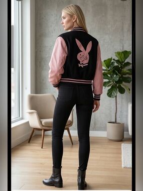 PLAYBOY 90’s Reversible Black and Pink Varsity Bomber Jacket